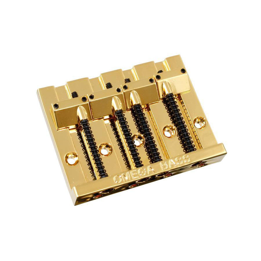 front view of Omega Bass Bridge Gold with Unslotted Saddles for Bass Guitar