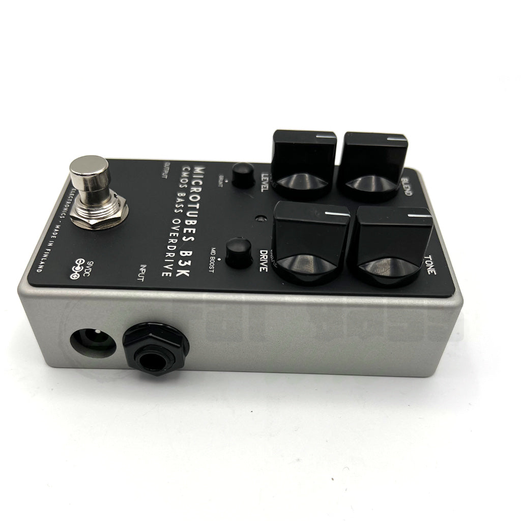 side view of Darkglass Microtubes B3K v2 Overdrive Bass Pedal with input and power