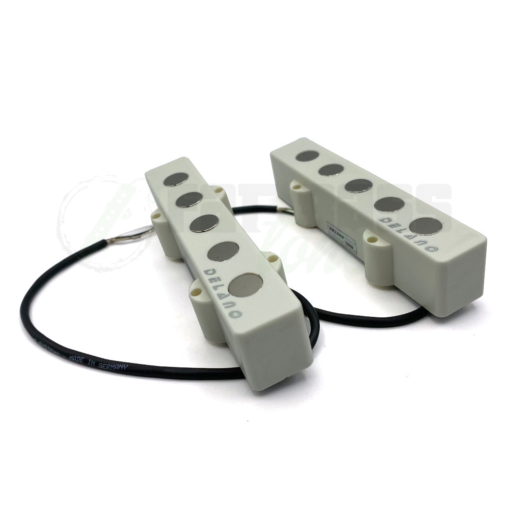 front view of Delano JMVC5 FE/M2 5 String Hum Cancelling Jazz Bass® Pickups in white colored shell