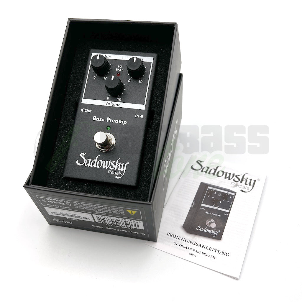 pedal in box view with instructions for Sadowsky SPB-2 (V2) Bass Preamp