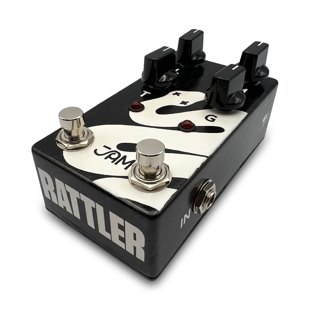 Angled shot of the Rattler Pedal by JAM Pedals showing logo and the unique graphics