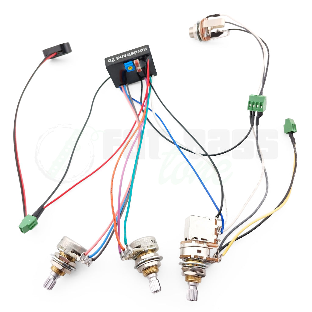 photo of the 2B-3a version of the Nordstrand Audio 2 Band Bass Preamps showing solderless conntections, potentiometers, jack, battery clip, and preamp module