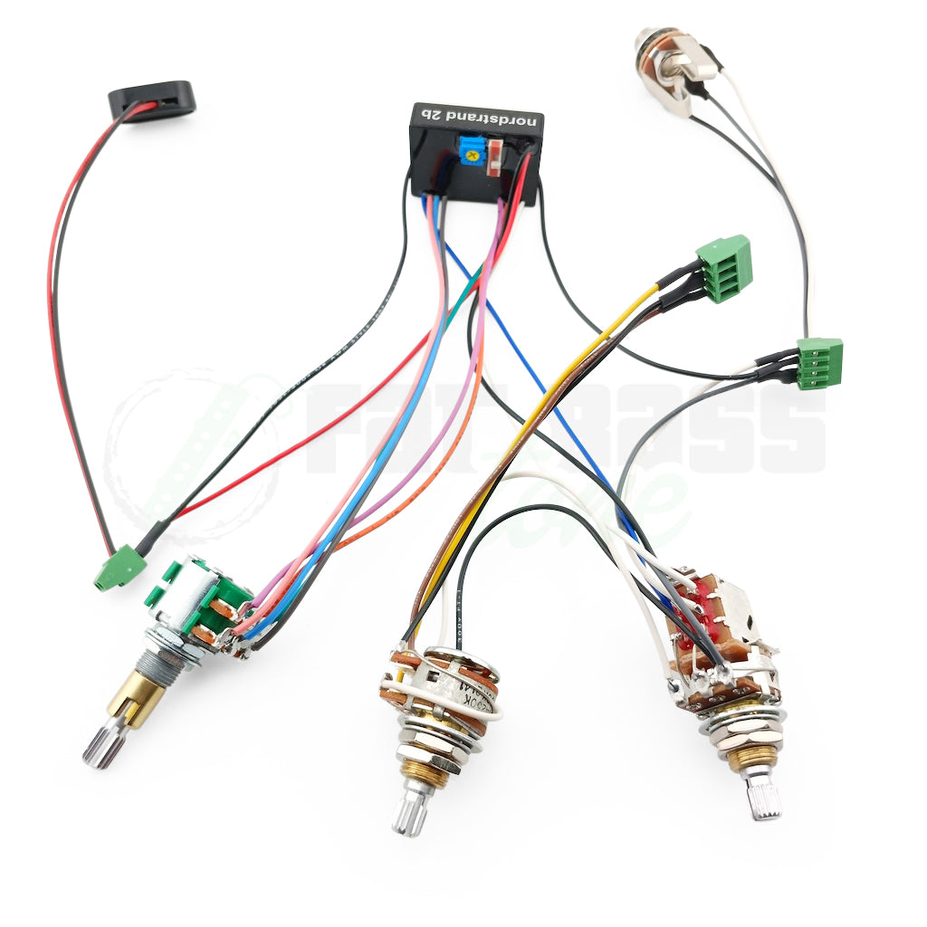photo of the 2B-3b version of the Nordstrand Audio 2 Band Bass Preamps showing solderless conntections, potentiometers, jack, battery clip, and preamp module
