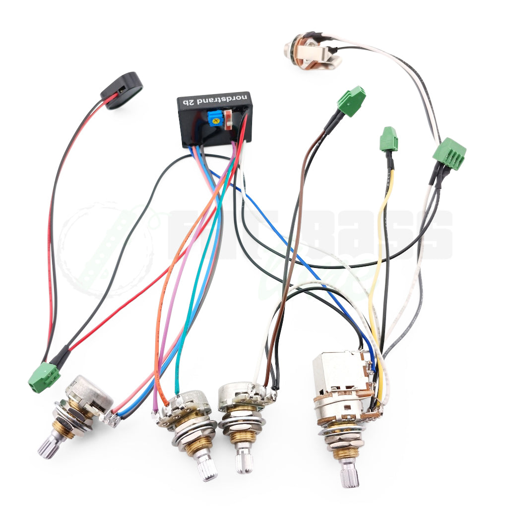photo of the 2B-4a version of the Nordstrand Audio 2 Band Bass Preamps showing solderless conntections, potentiometers, jack, battery clip, and preamp module