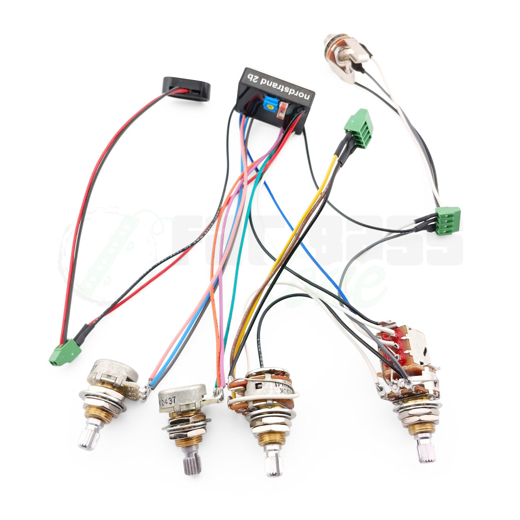 photo of the 2B-4b version of the Nordstrand Audio 2 Band Bass Preamps showing solderless conntections, potentiometers, jack, battery clip, and preamp module