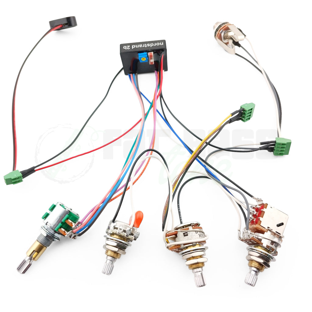 photo of the 2B-4c version of the Nordstrand Audio 2 Band Bass Preamps showing solderless conntections, potentiometers, jack, battery clip, and preamp module
