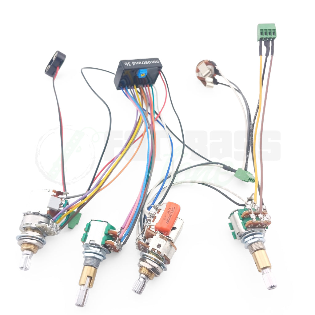 Photo of the Nordstrand Audio 3 Band Bass Preamps in the 3B-4a configuration showing solderless connections