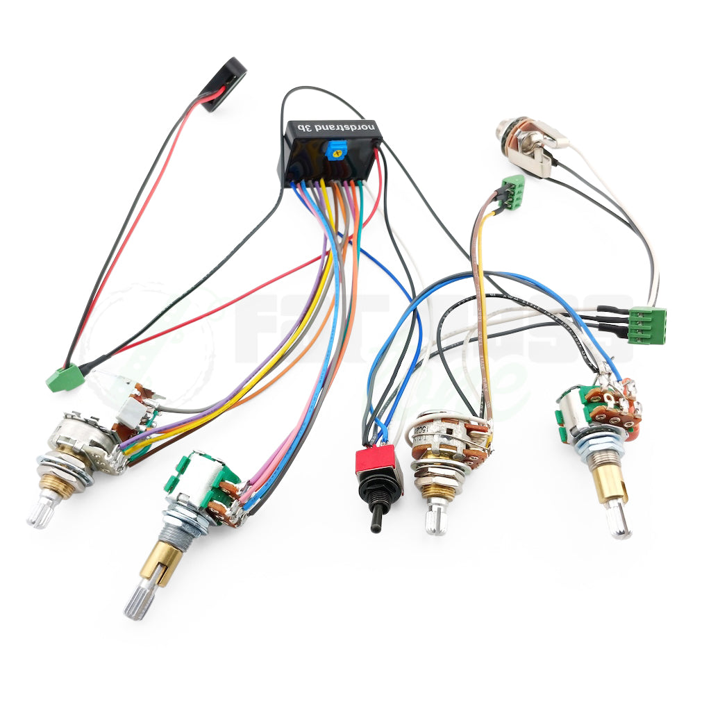 Photo of the Nordstrand Audio 3 Band Bass Preamps in the 3B-4b+APsw configuration showing solderless connections