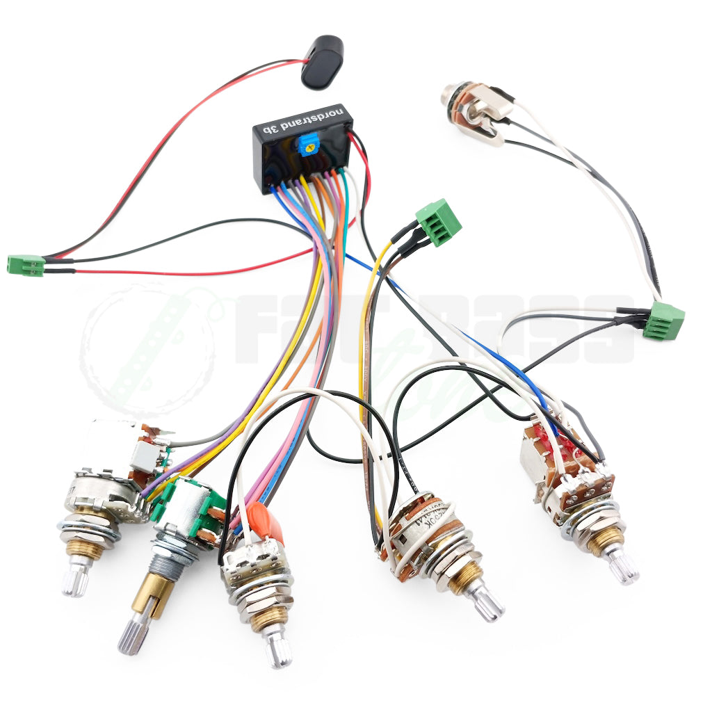Photo of the Nordstrand Audio 3 Band Bass Preamps in the 3B-5b configuration showing solderless connections