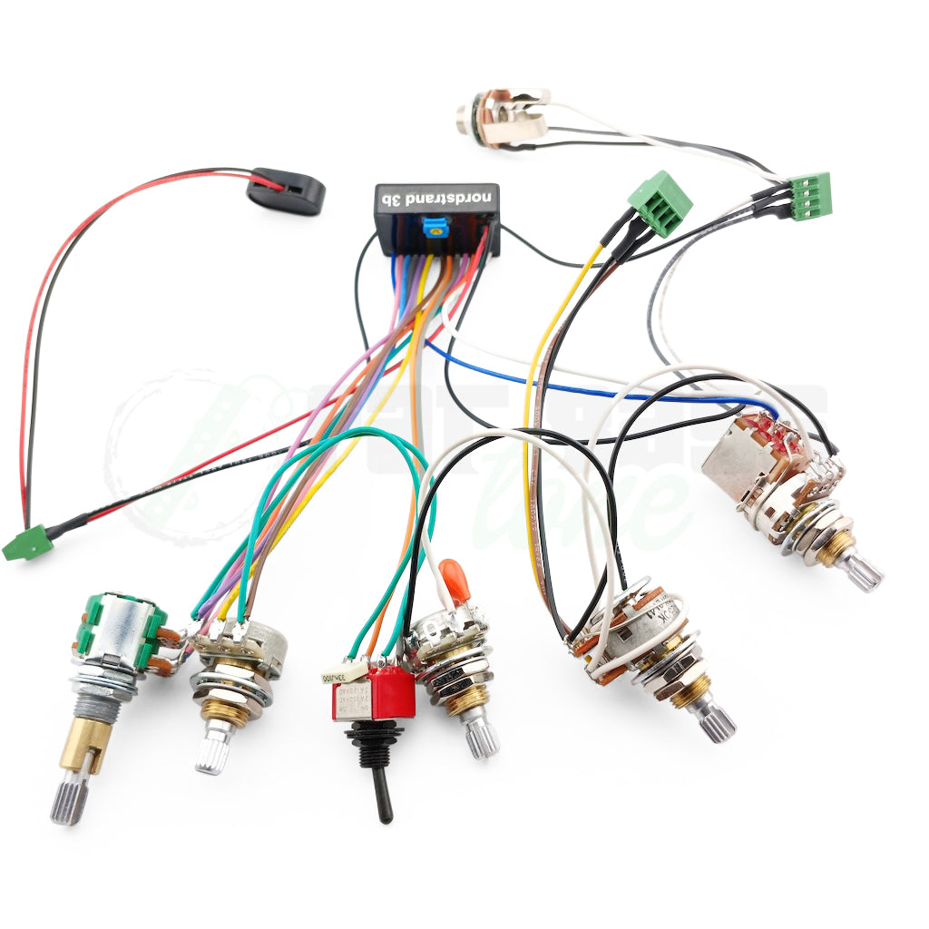 Photo of the Nordstrand Audio 3 Band Bass Preamps in the 3B-5b+Msw configuration showing solderless connections