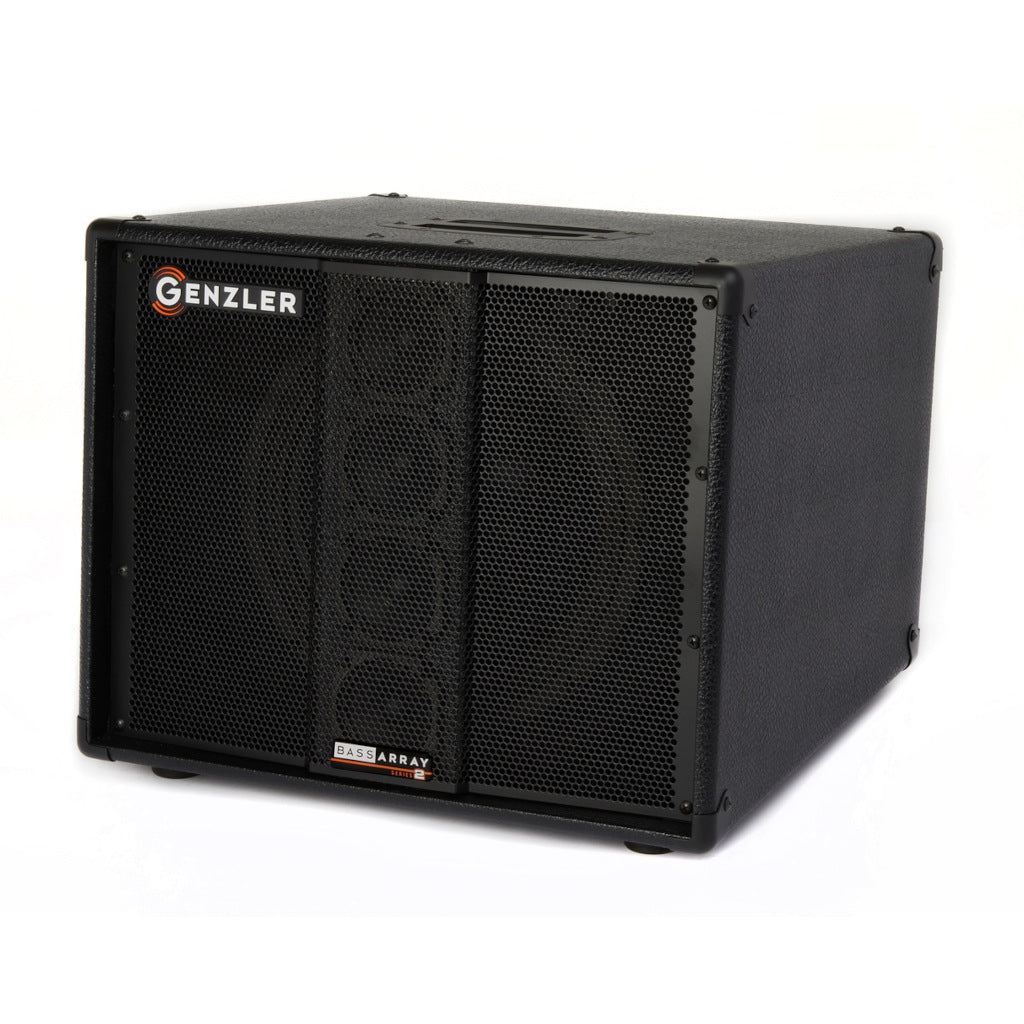 front image of the Genzler BA2-112-3SLT Bass Array Series 2 Bass Cabinet with 1 12&quot; speaker and 4 drivers.  The slanted nature is seen in a slight slant across the top of the cabinet.