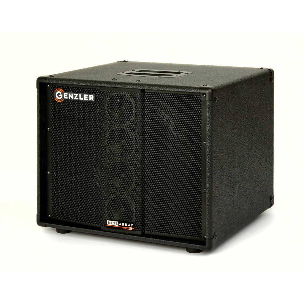 front view of the Genzler BA2-112-3STR Bass Array Series 2 Bass Cabinet showing the handle on the top of the cabinet with flush mounting, the speakers, as well as the Genzler Logo in the upper left corner of the cabinet