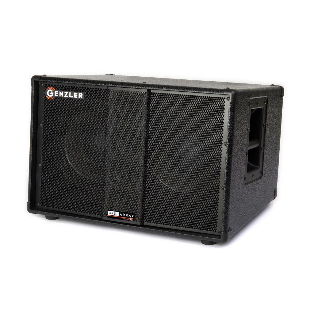 Front oriented photo of the Genzler BA2-210-3SLT Bass Array Series 2 Bass Cabinet showing the 2 10&quot; speakers and 4 3&quot; drivers in a slanted cabinet