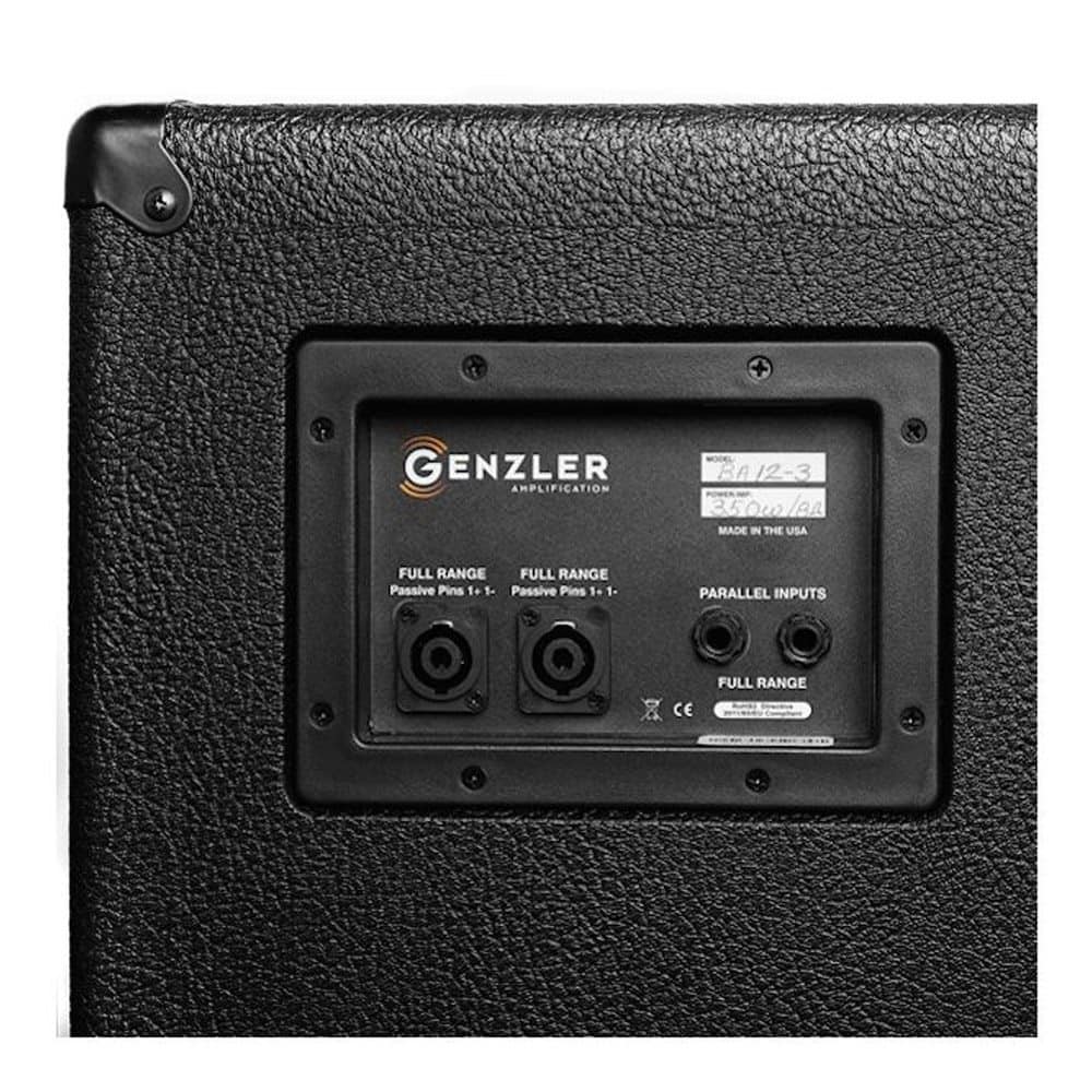 Close up image of the back of the Genzler BA2-112-3STR Bass Array Series 2 Bass Cabinet showing the inputs  for the speakers