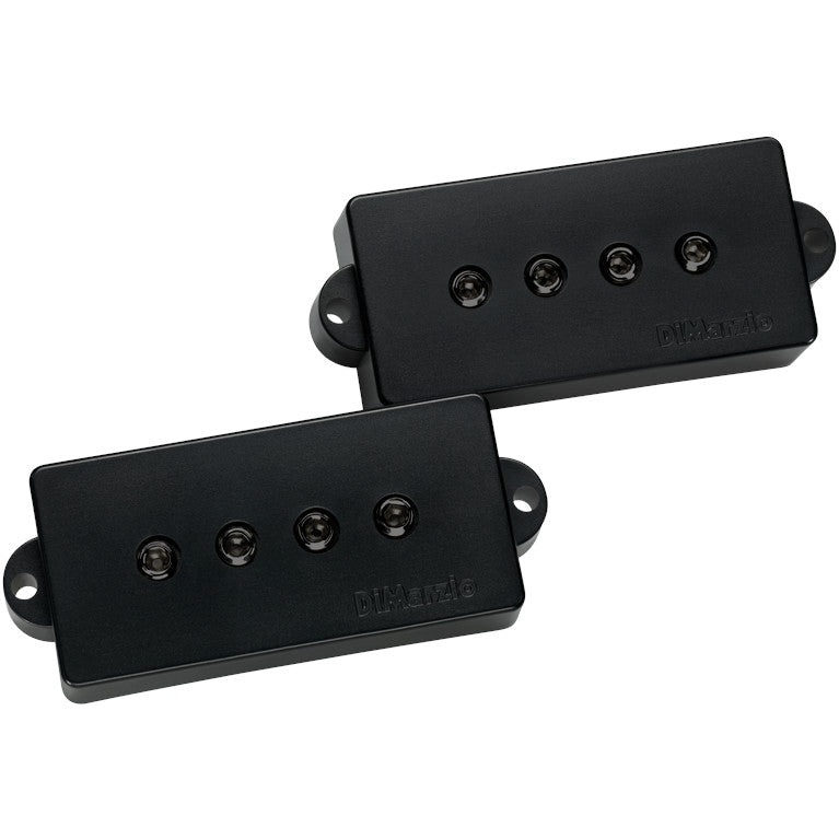 top view of the DiMarzio Model P 4 String Precision Bass® Pickup shown with black covers and exposed pole pieces