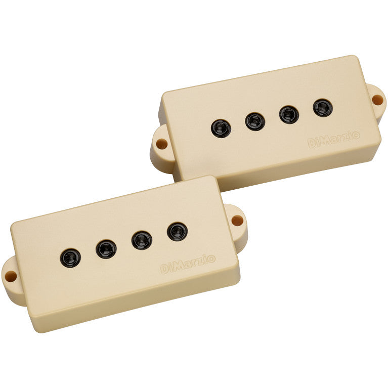front view of the DiMarzio Model P 4 String Precision Bass® Pickup shown with creme covers and exposed black pole pieces