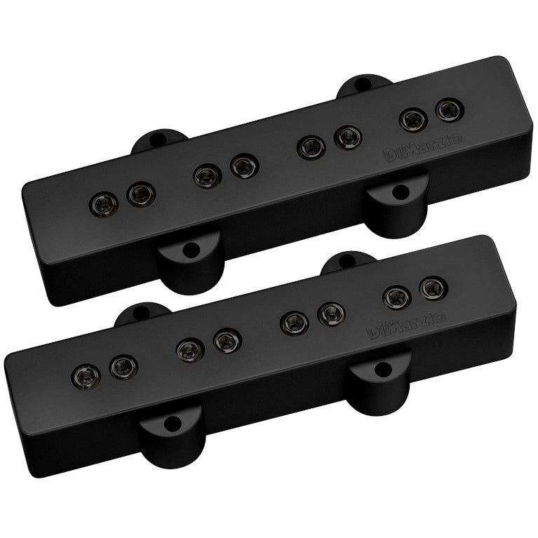 top view of the DiMarzio Model J 4 String Jazz Bass® Pickups shown with black shells and exposed adjustable pole pieces