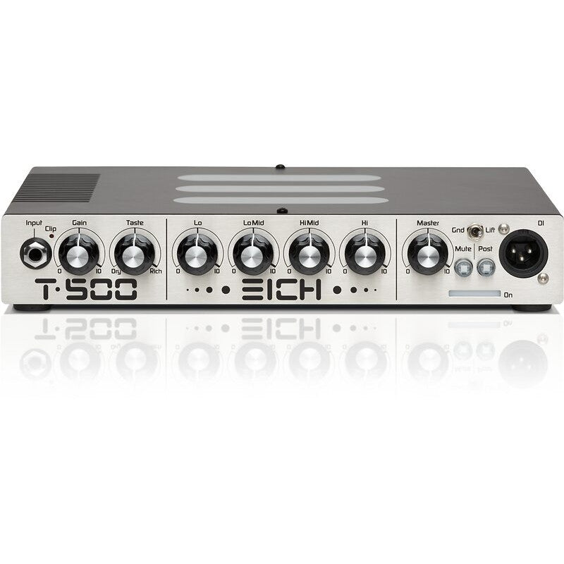 Photo of the front of the Eich T500 Bass Amplifier Head showing the 7 knobs, input, DI out and mute buttons