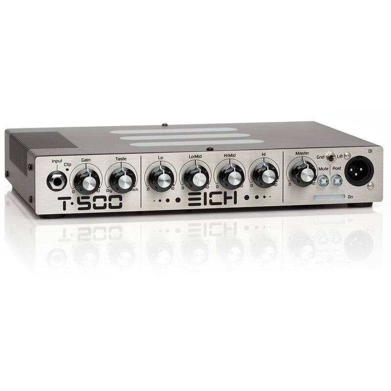 secondary of the front of the Eich T500 Bass Amplifier Head showing the 7 knobs, input, DI out and mute buttons