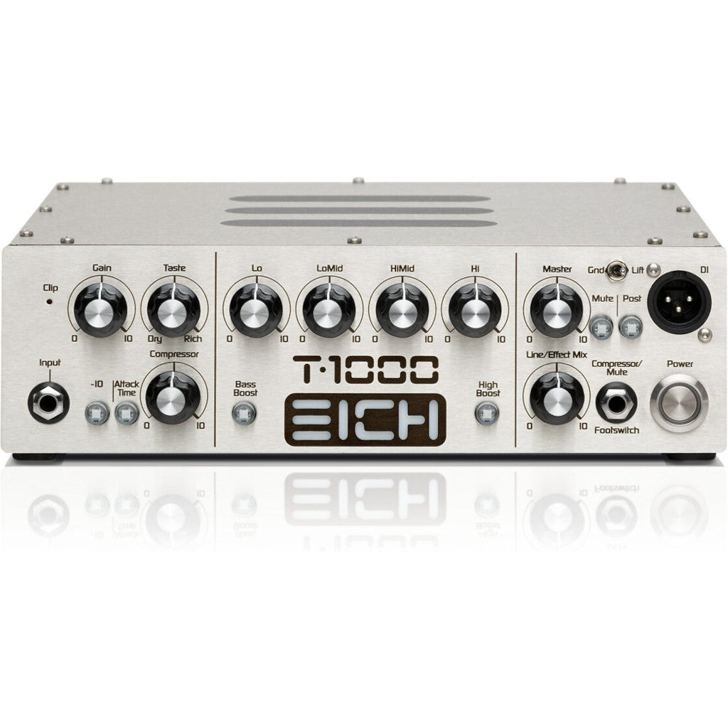 front view of the Eich T1000 Bass Amplifier Head showing many knobs, the EICH logo, inputs, and power button