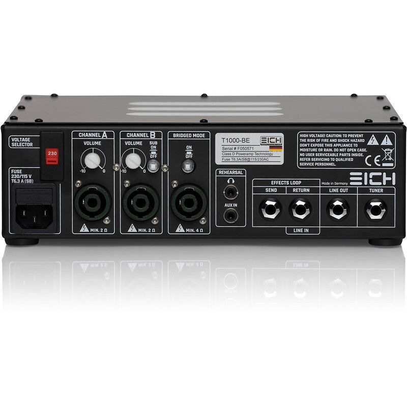 back view of the Eich T1000 Bass Amplifier Head showing the outputs for both chanels, effects loop, line out, tuner out, power switch, and cord jack