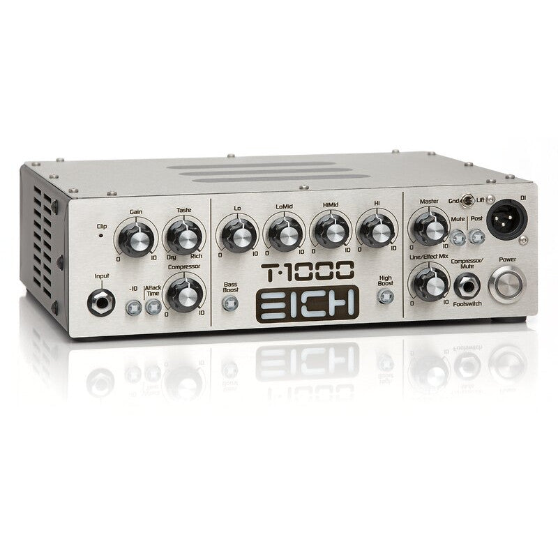 secondary front view of the Eich T1000 Bass Amplifier Head showing many knobs, the EICH logo, inputs, and power button