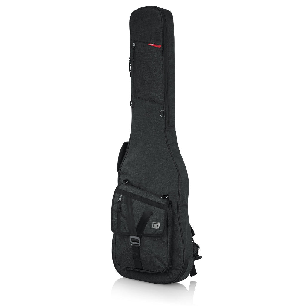 front photo of Gator Transit Series Bass Guitar Gig Bag in black showing pockets