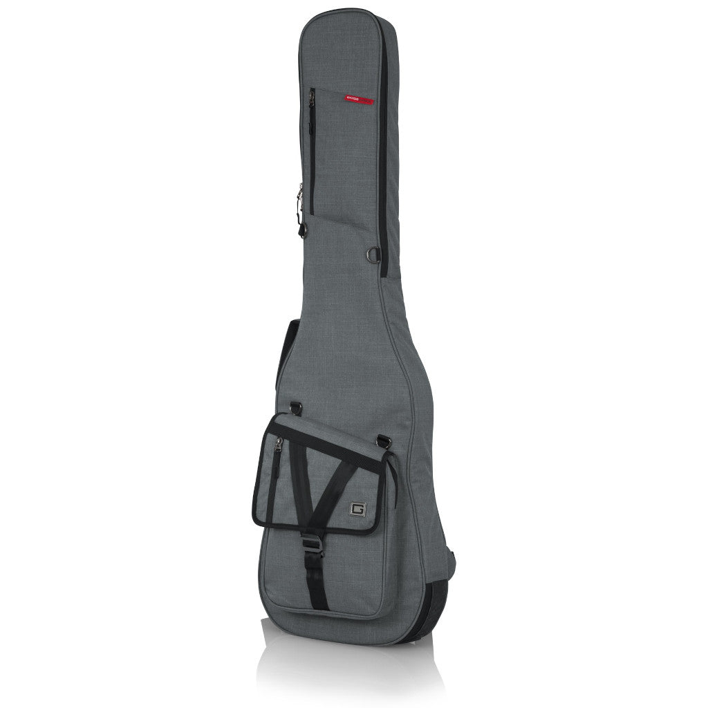 front image of Gator Transit Series Bass Guitar Gig Bag in grey showing pockets and zippers on the front