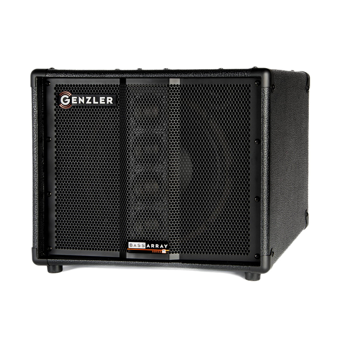 Front view of the Genzler BA10-2-S2 Bass Array Series 2 Bass Cabinet showing the 1 10&quot; speaker and 4 2&quot; drivers with Genzler brand logo and Bass Array logo