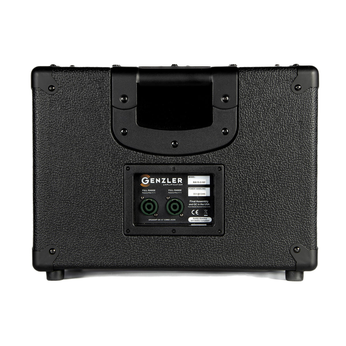 rear view of the Genzler BA10-2-S2 Bass Array Series 2 Bass Cabinet showing the rubber feet as well as the inputs
