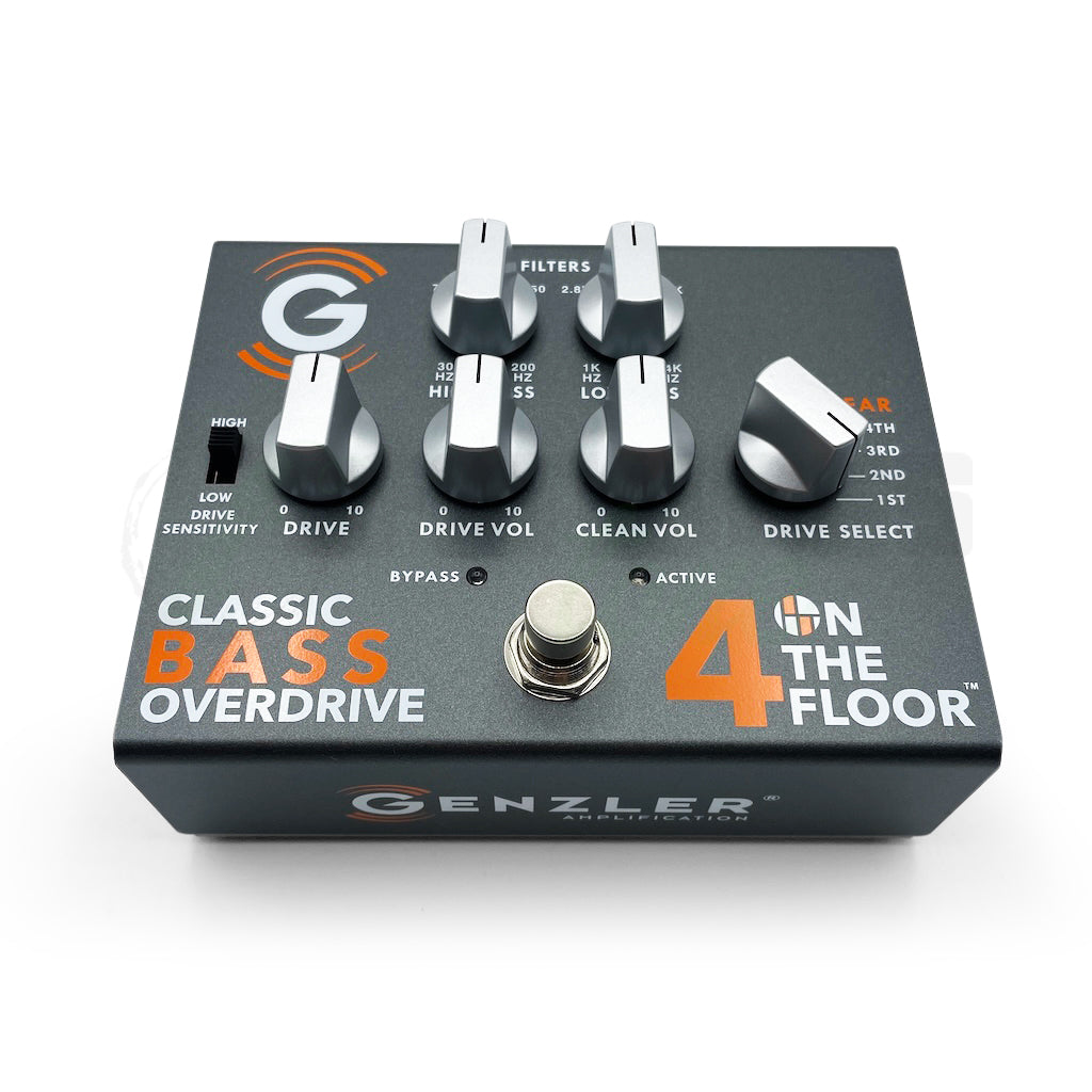 Overhead view of the Genzler 4 on the Floor Overdrive Bass Pedal, showing all the control knobs, the Drive Select, the Drive Sensibility switch and the stomp button.