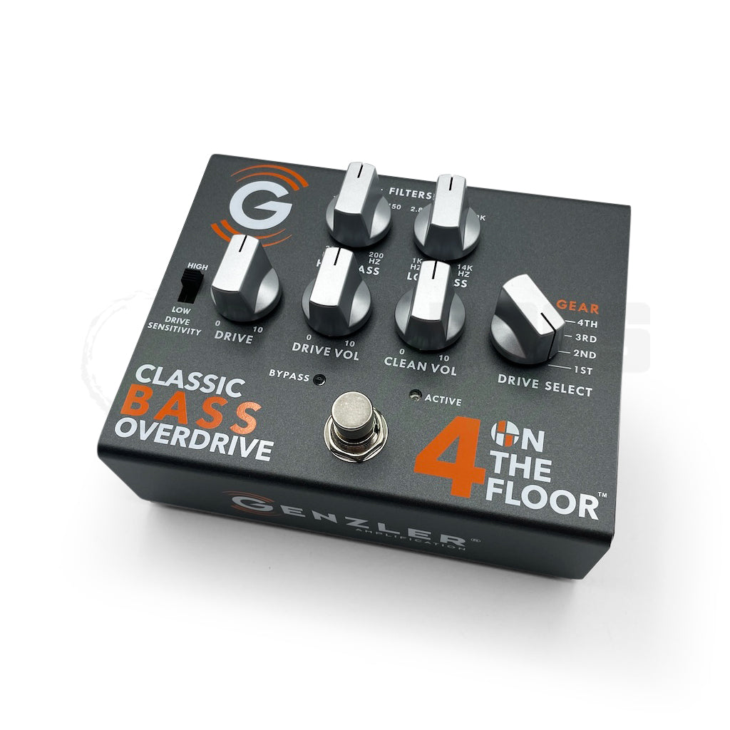 Front view of the Genzler 4 on the Floor Overdrive Bass Pedal, which shows all the control knobs, the Drive Select, the Drive Sensibility switch and the stomp button.