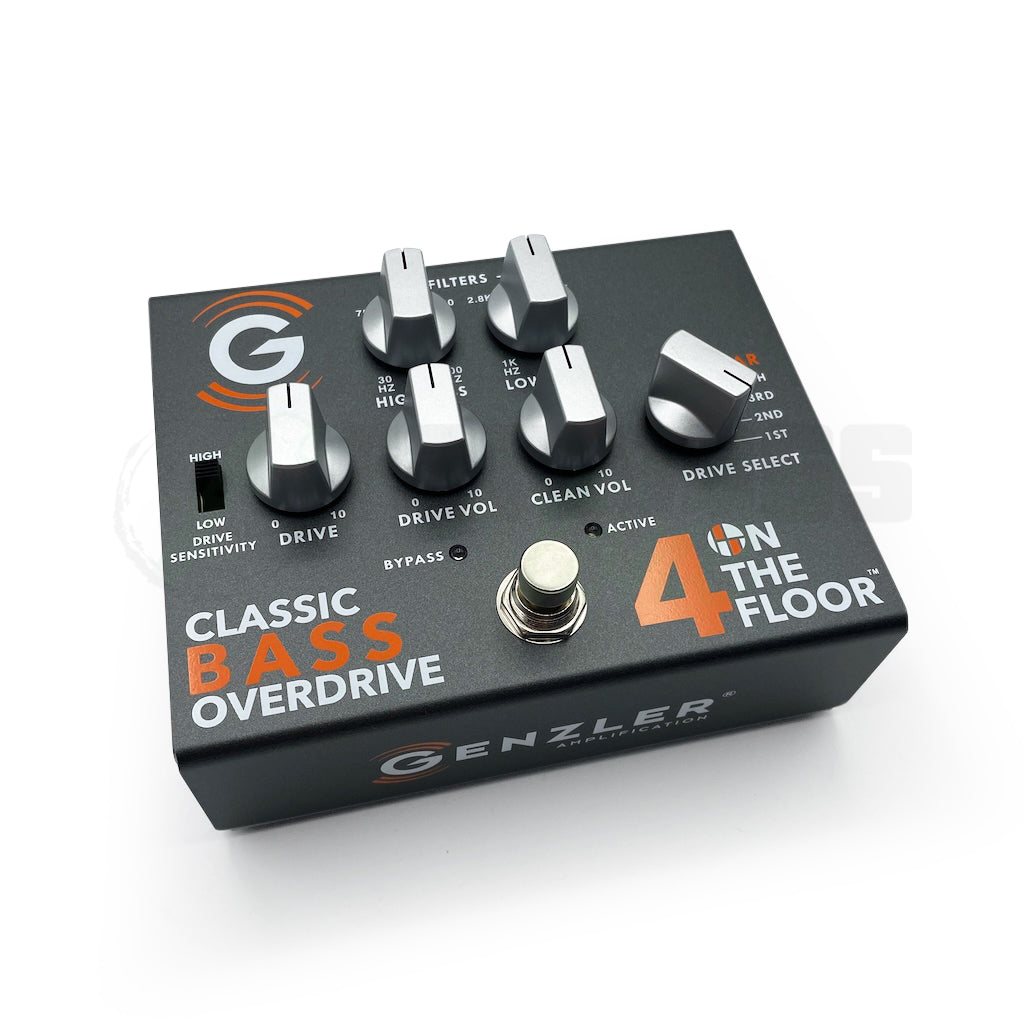 Front view of the Genzler 4 on the Floor Overdrive Bass Pedal, showing all the control knobs, the Drive Select, the Drive Sensibility switch and the stomp button.