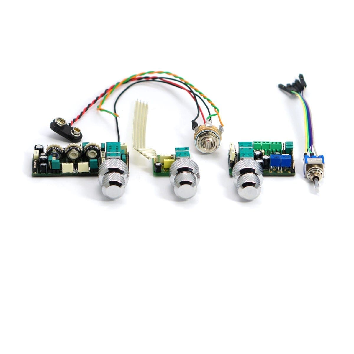 view of the John East Uni-Pre 3 Knob Configuration, including the chrome knobs, chrome switch and the jack