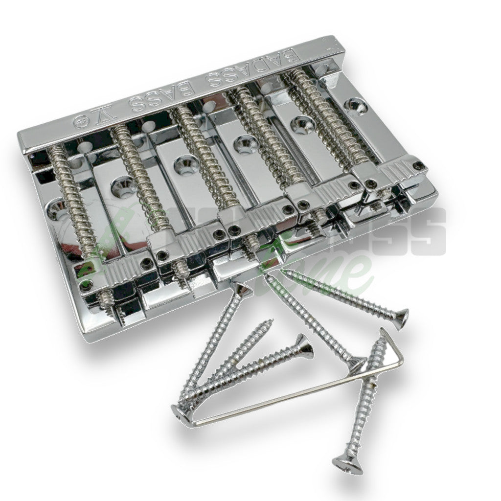 front photo of the Chrome version of the Leo Quan Badass V Bass Bridge showing screws and allen key