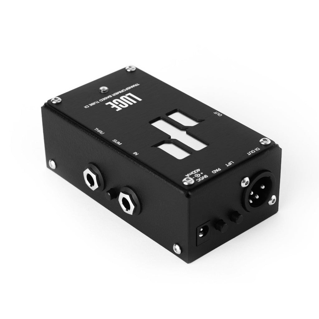 front photo of the Jad Freer Luce Tube Bass DI Pedal showing the JF logo on top