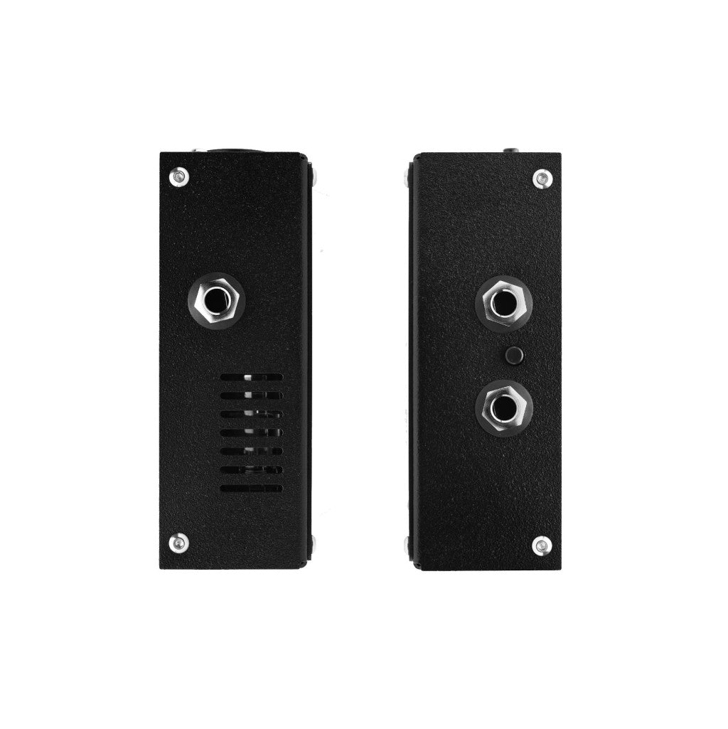 side photos of the Jad Freer Luce Tube Bass DI Pedal showing the inputs and outputs that are 1/4"