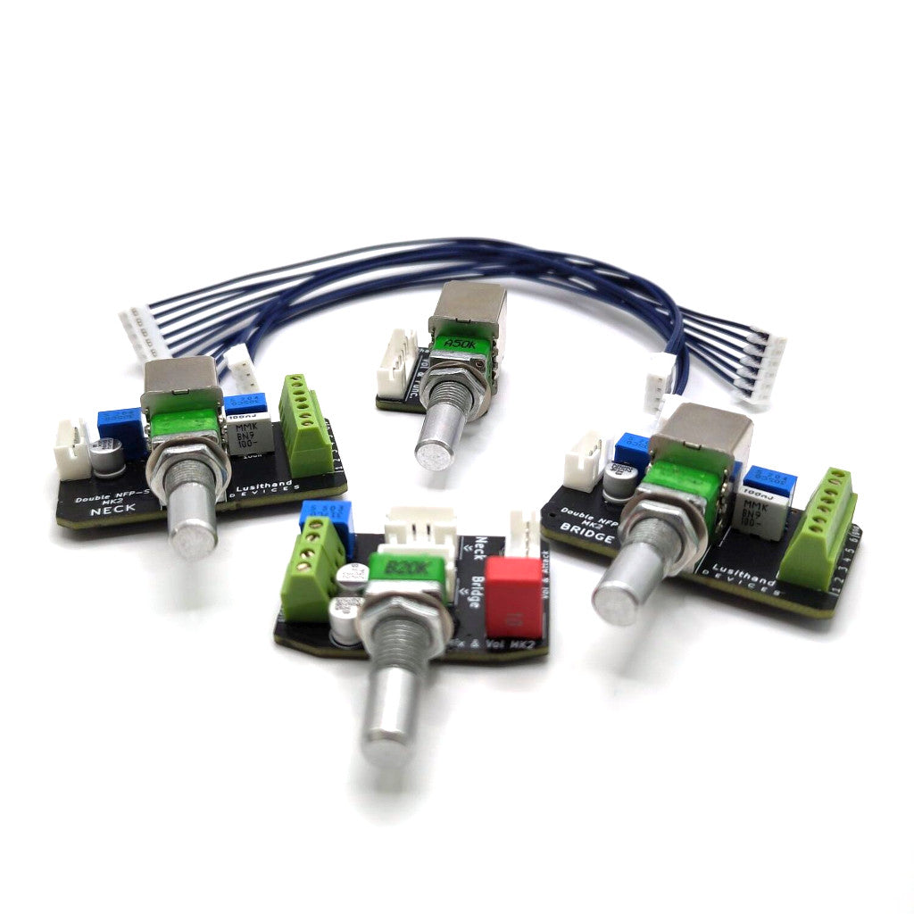 photo image of the Lusithand Double NFP Special MKII Filter Bass Preamp showing the 4 knobs attached to PCB boards as well as the connectors to connect the parts to each other