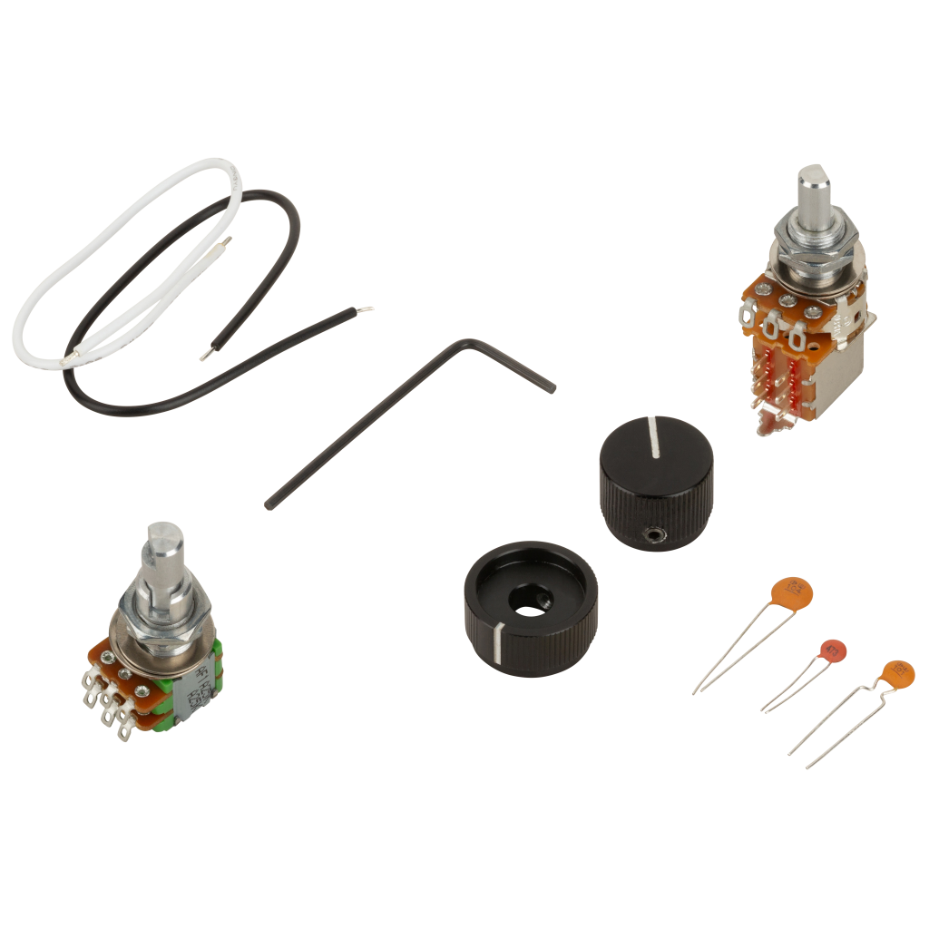 Photo of the included parts with the Sadowsky Vintage Tone Control (VTC) Retrofit Kit for Bass - allen wrench, capacitors, potwentiometers, allen wrench, wire
