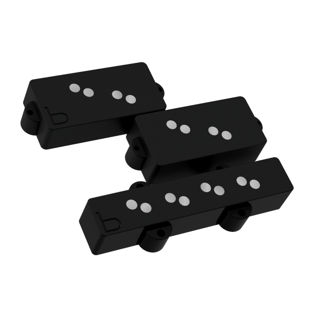 manufacturers image of the Bartolini b-axis 4 String PJ Bass Pickups showing the small case b of Bartolini on the pickup shells