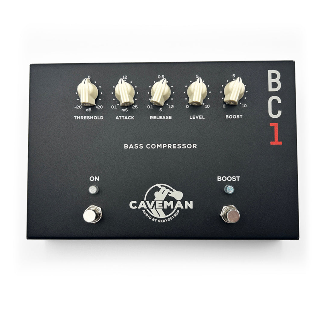 top view of the Caveman Audio BC1 Bass Compressor showing the threshold, attackm release, level and boost controls all having chicken knobs