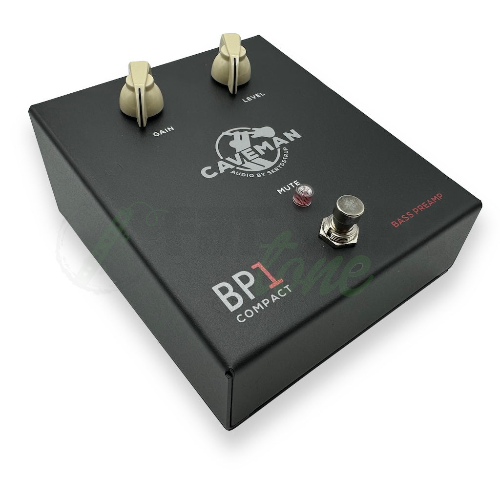 front view of the Caveman Audio Compact BP1 Bass Preamp showing the foot switch
