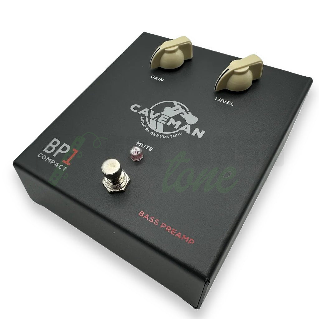 Additional front photo of the Caveman Audio Compact BP1 Bass Preamp showing the knobs and mute light