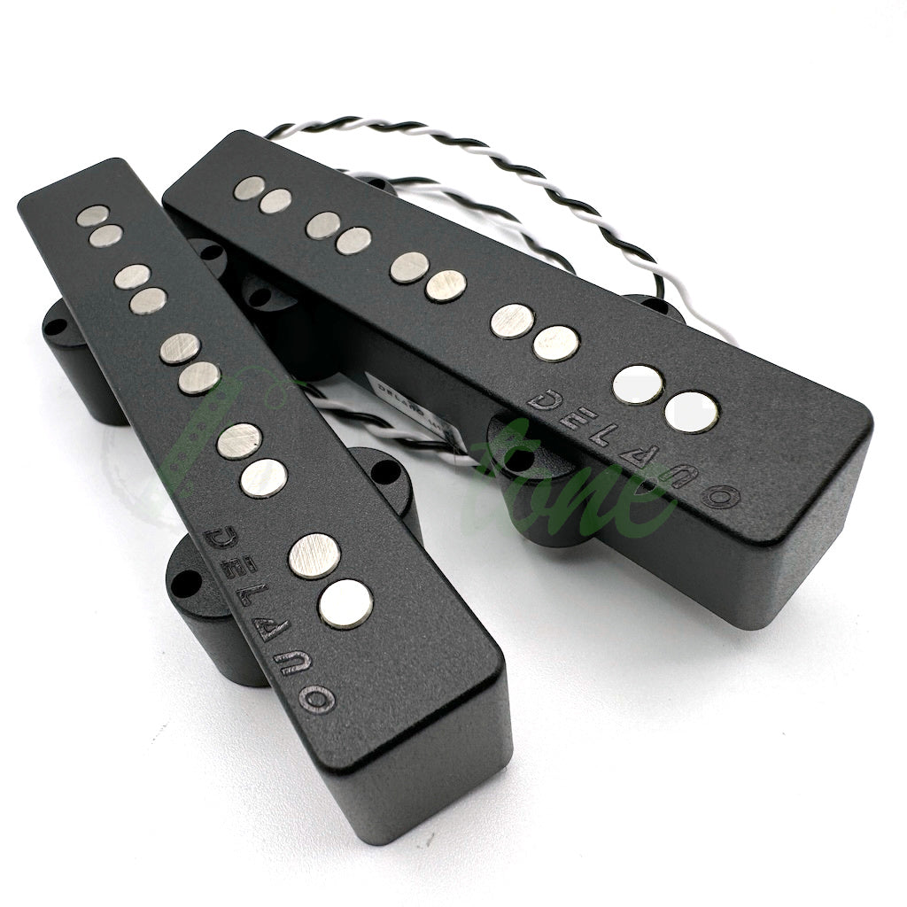 photo of the Delano JC5 AL/M2-AS 5 String Hum Cancelling Jazz Bass® Pickups showing the front of the pickups with pole pieces and logos on cover