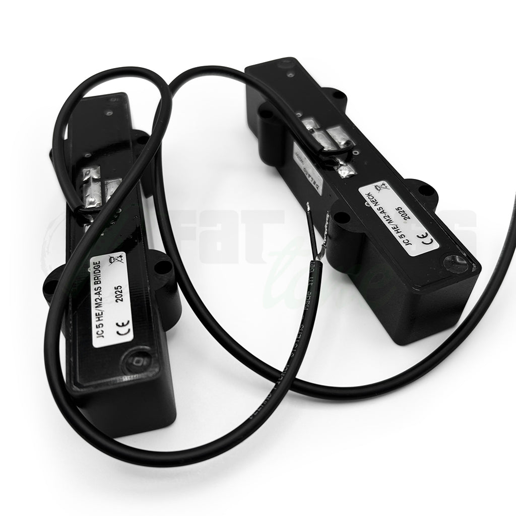 back angle view of the Delano JC5 HE/M2-AS 5 String Hum Cancelling Jazz Bass® Pickups showing the long hookup wires and the production sticker with date of production 2025