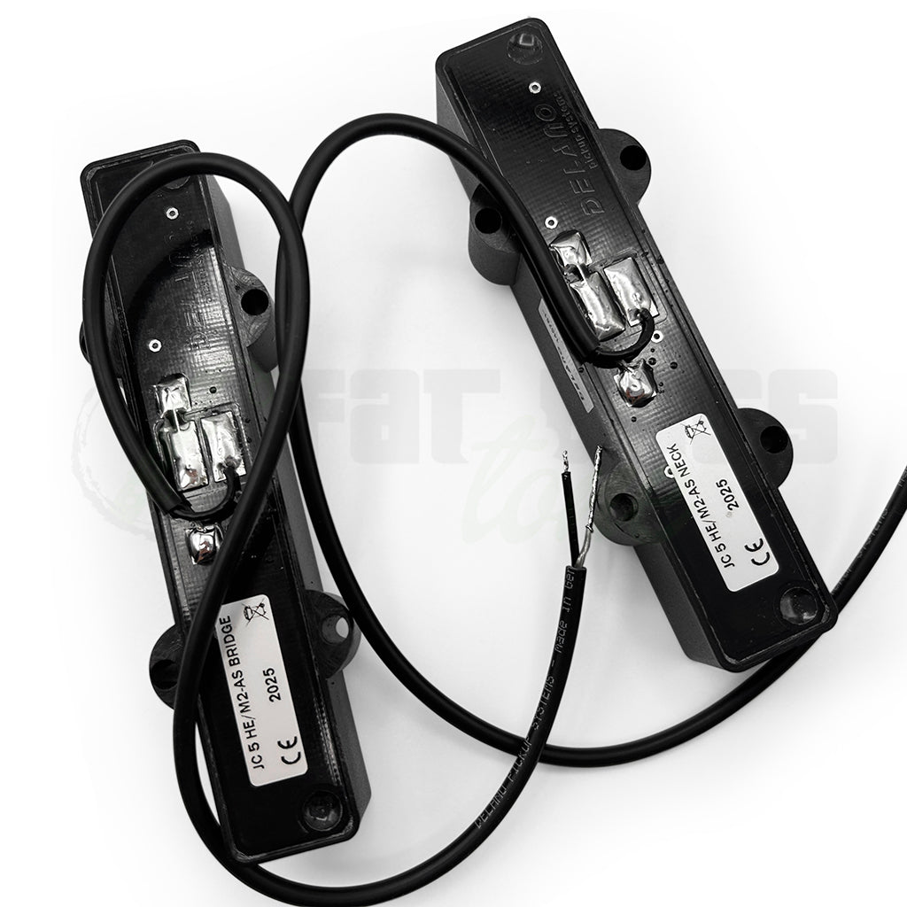 Top back view of the Delano JC5 HE/M2-AS 5 String Hum Cancelling Jazz Bass® Pickups showing the central location where the pickup wires enter the pickup shell