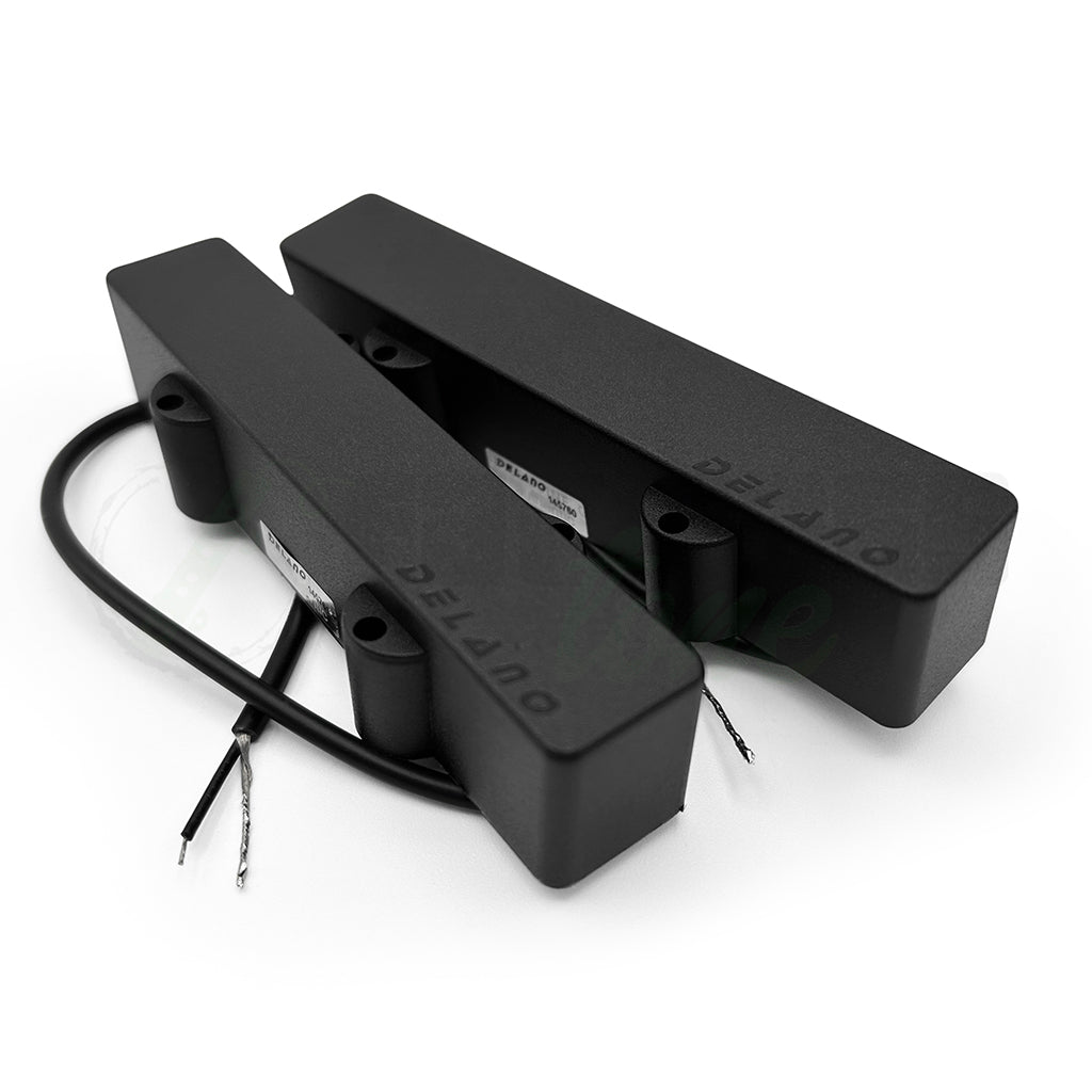 front angle view of the Delano JC5 HE/M2-AS 5 String Hum Cancelling Jazz Bass® Pickups showing the brand logo etched into the top with the 2 conductor hookup wires