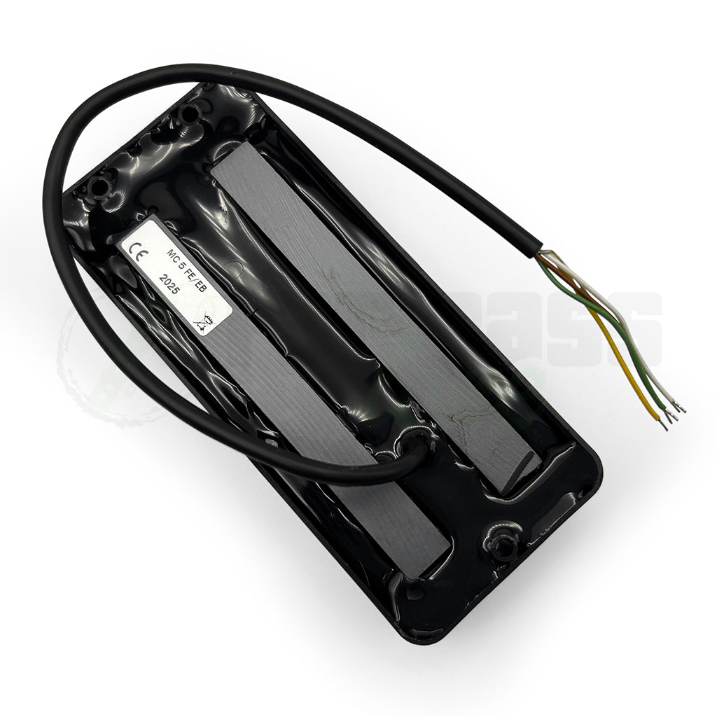 back top view of the Delano MC5 FE/EB 5 String Dual Coil Ernie Ball® USA Pickup showing the production sticker noting a 2025 production year