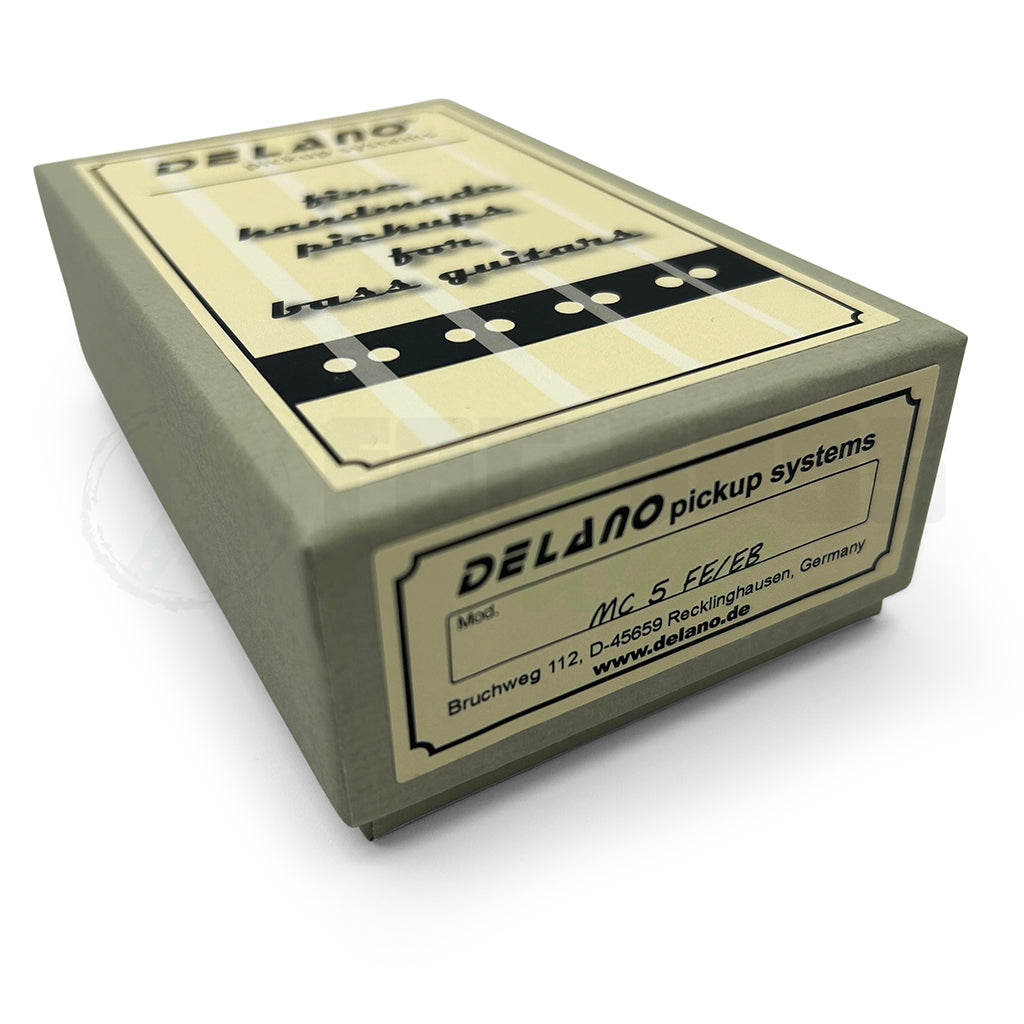 photo of the box for the Delano MC5 FE/EB 5 String Dual Coil Ernie Ball® USA Pickup showing the Delano logo and the aforementioned model name