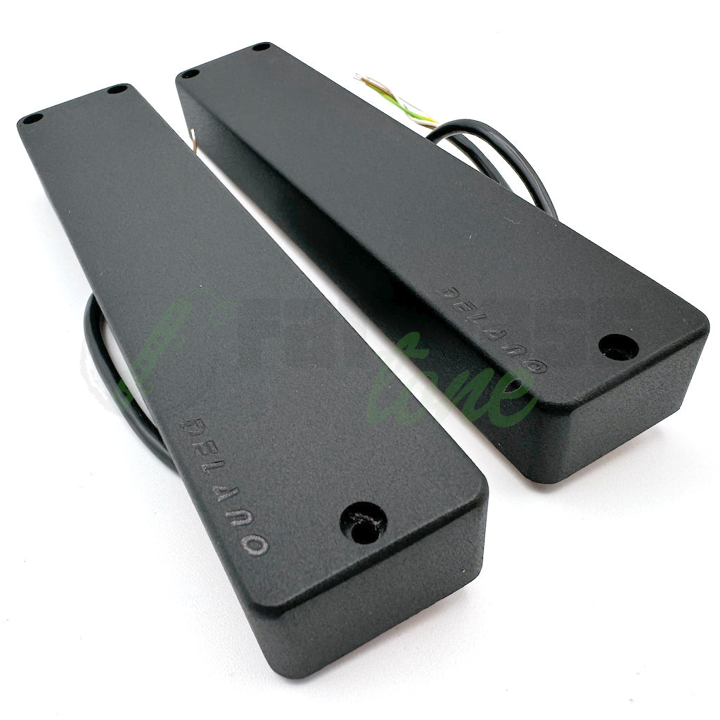 Front side angle view of the Delano SBC8 HE/S-4 8 String Quad-Coil Bass Pickups showing the logo of the manfacturer in the lower right corner of the pickups